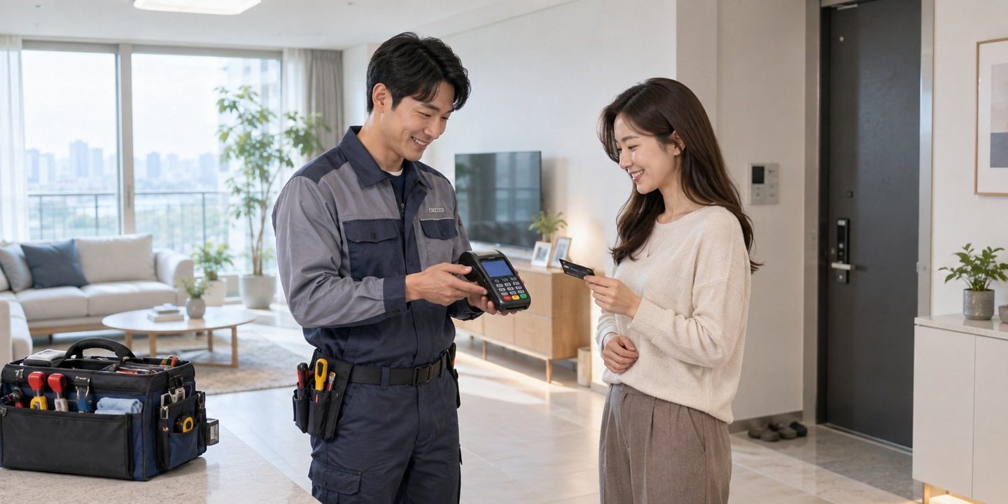 매장 안에서 휴대용 결제 기기를 살펴보는 사람들 — PG 수수료 기준 수수료 기준, 넷으로 나누면 우리 가게에 물을 말이 생깁니다.