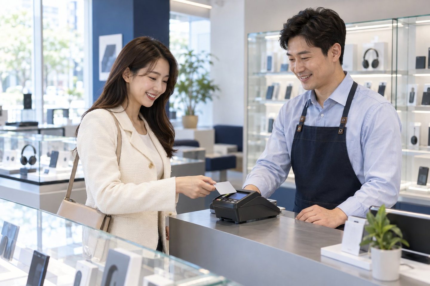 카운터에서 직원과 고객이 단말기를 확인하는 장면 — PG 수수료 기준 대입 예시대입 예시, 가게 네 곳을 넣어 봤어요. 연락 주시면 사장님 가게로 다시 해 드립니다.