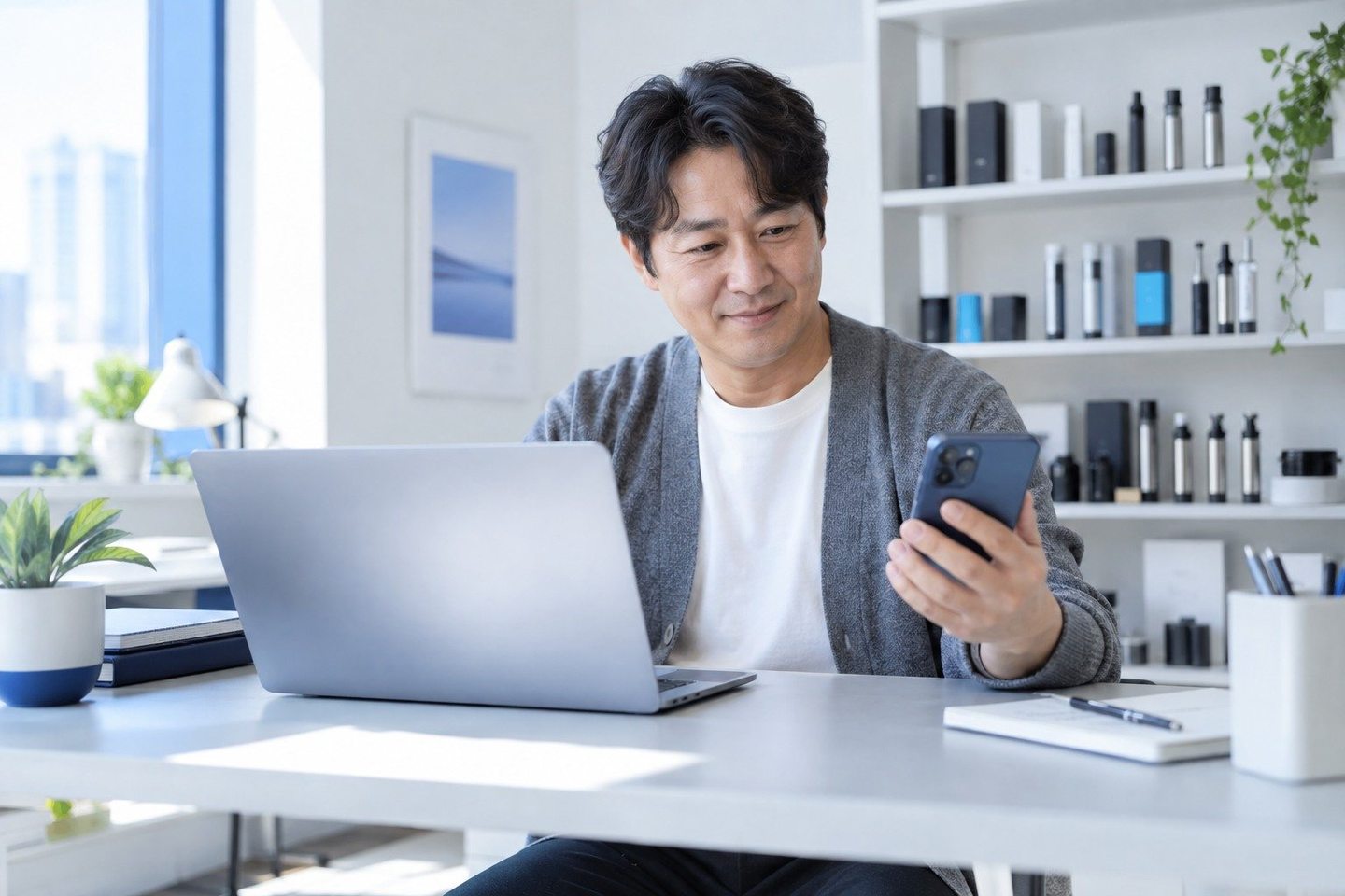 밝은 업무 공간에서 노트북을 사용하는 남성 — PG 수수료 기준 문자 상담문자 상담, 두 줄이면 시작돼요. 연락 주시면 네 축에 넣어 다시 전화드립니다.